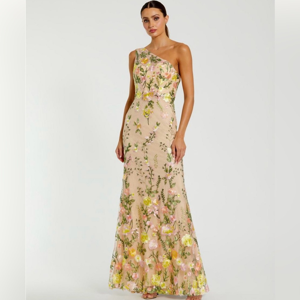 Mac Duggal Beige One-Shoulder Floral Embroidered Evening Gown